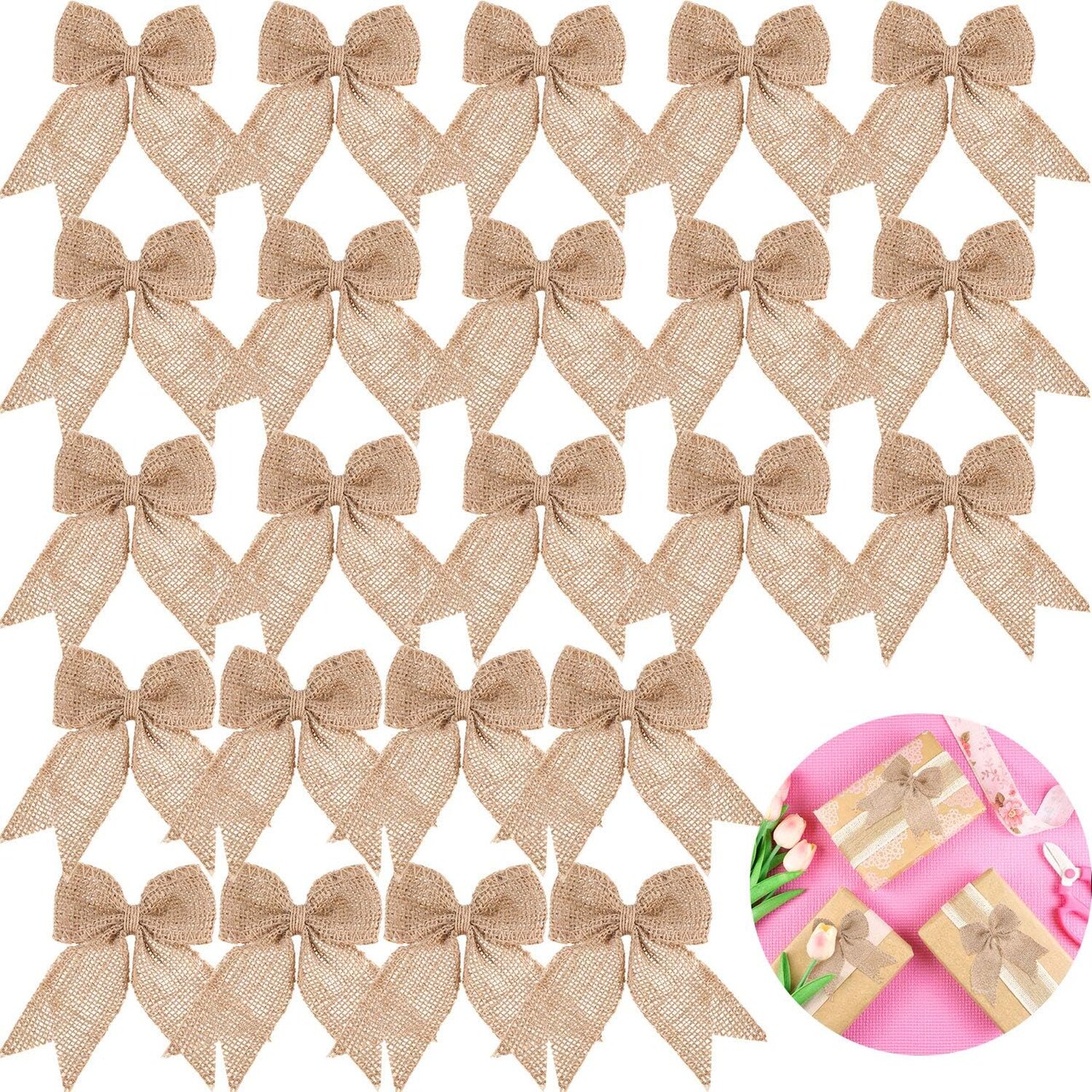30 Pieces Burlap Bows Burlap Bow Knot Handmade Burlap Decorative Bowknot Natural Ornament Bow for Christmas Decorate Tree Festival Holiday Party Supplies